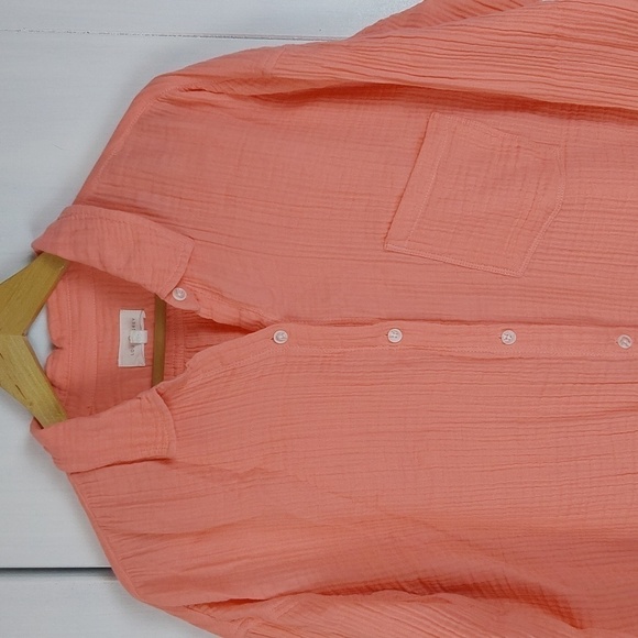 Lou & Gray Pink Coral Cotton Gauzy Buttondown Top Pocket Minimalist Mod Sz.L - Picture 2 of 10